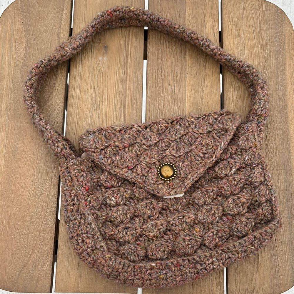 Vintage Handcrafted homemade speckle wool Brown Crochet Shoulder Bag purse EUC!
